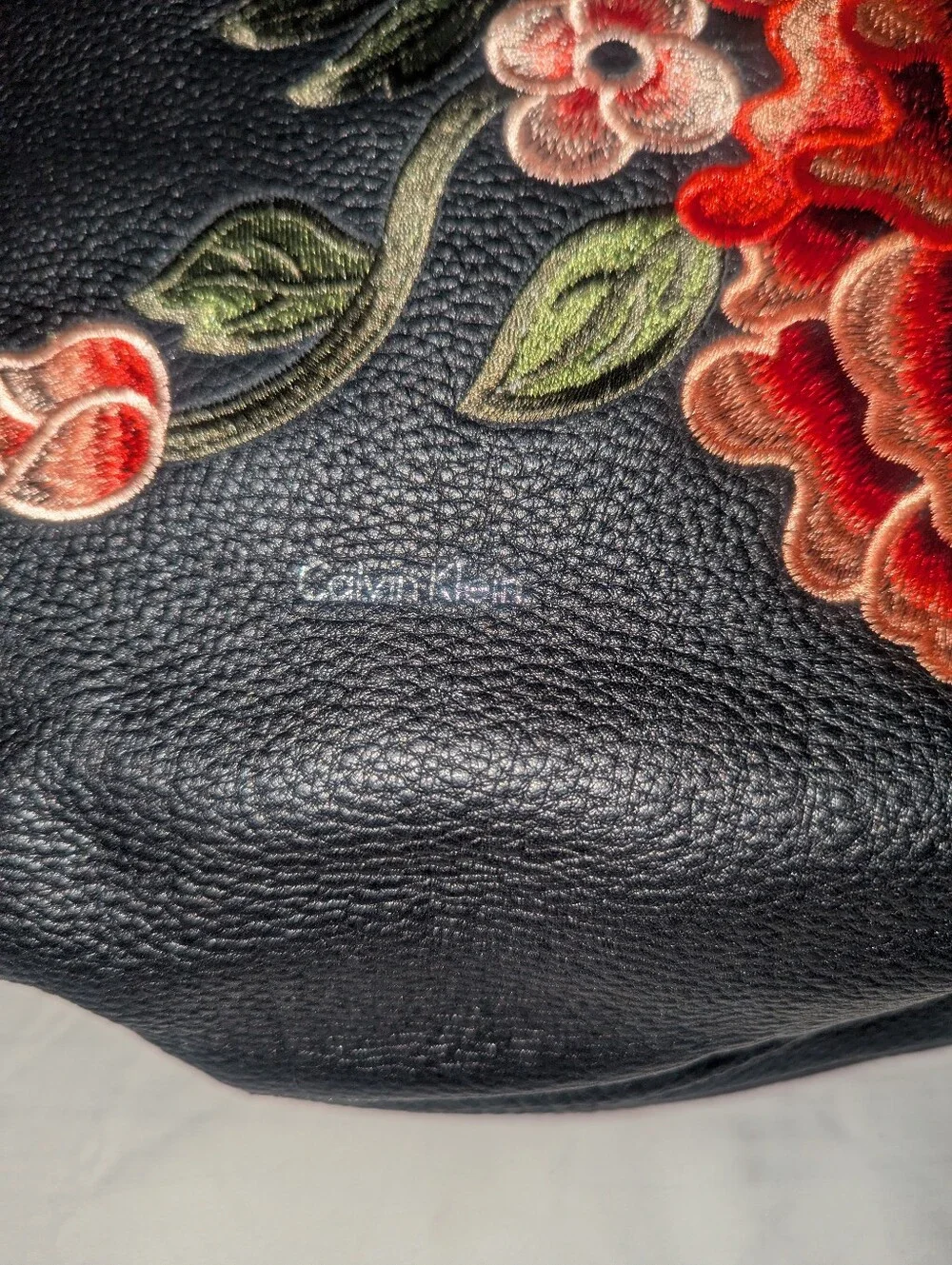 Calvin Klein Samira Black Leather Hobo Bag with Red Floral Embroidery NWT